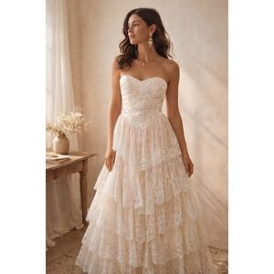 VTG Lace Prom Dress Formal Wedding Y2K Whimsical Princess Coquette Drop Waist 80